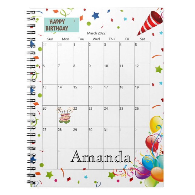 Mars 2022 Calendrier Joyeux Carnet d'anniversaire (Devant)