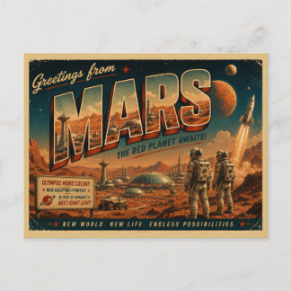 Mars Retro Sci-Fi Postkarte | Vintage roter Planet