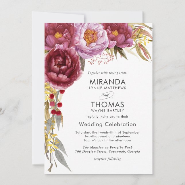 Marsala Aquarelle Faire-part de mariage Floral (Devant)