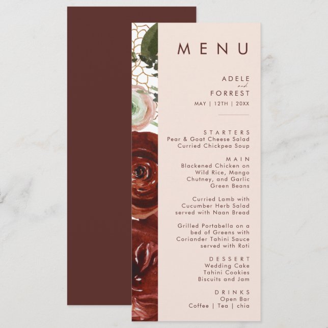 Marsala Autumn Floral | Blush Wedding Dinner Menu Menükarte (Vorne/Hinten)