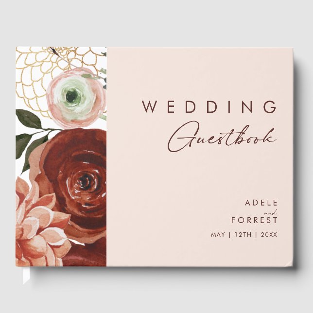 Marsala Autumn Floral | Blush Wedding Guest Book Gästebuch (Vorderseite)
