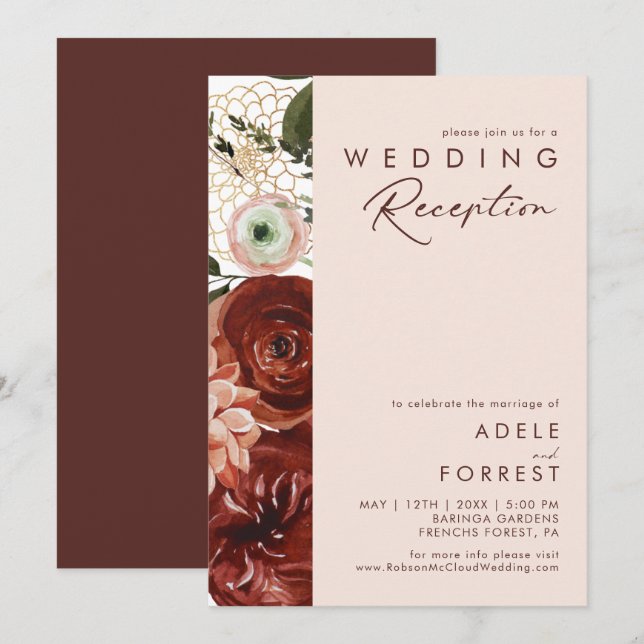 Marsala Autumn Floral | Blush Wedding Reception Einladung (Vorne/Hinten)
