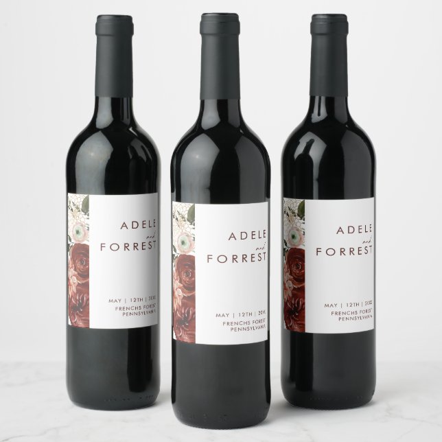 Marsala Autumn Floral | Étiquette de vin Mariage b (Bouteilles)