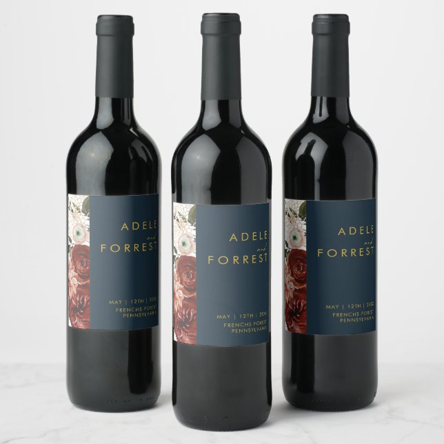 Marsala Autumn Floral | Étiquette de vin Mariage d (Bouteilles)
