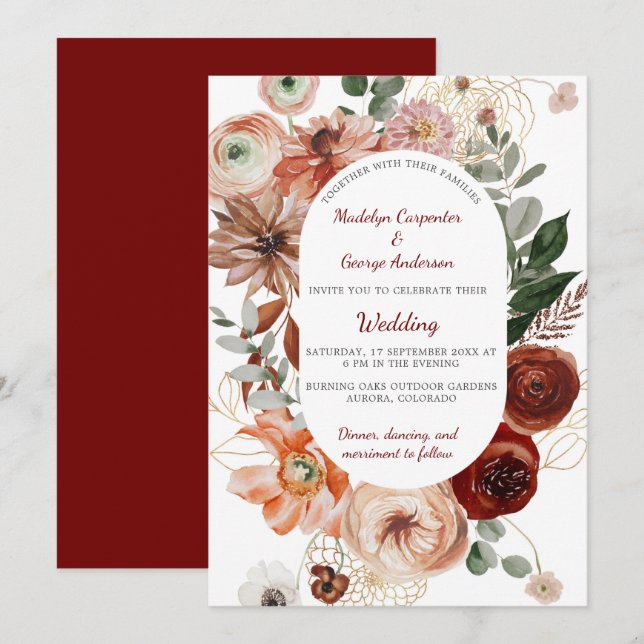 Marsala Autumn Floral Frame Wedding Einladung (Vorne/Hinten)