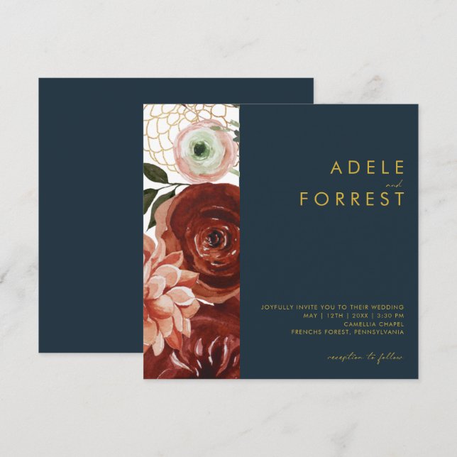 Marsala Autumn Floral | Hochzeit am Navy Square Einladung (Vorne/Hinten)