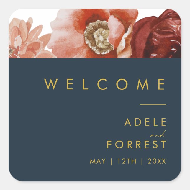 Marsala Autumn Floral | Hochzeitsempfang der Marin Quadratischer Aufkleber (Vorderseite)