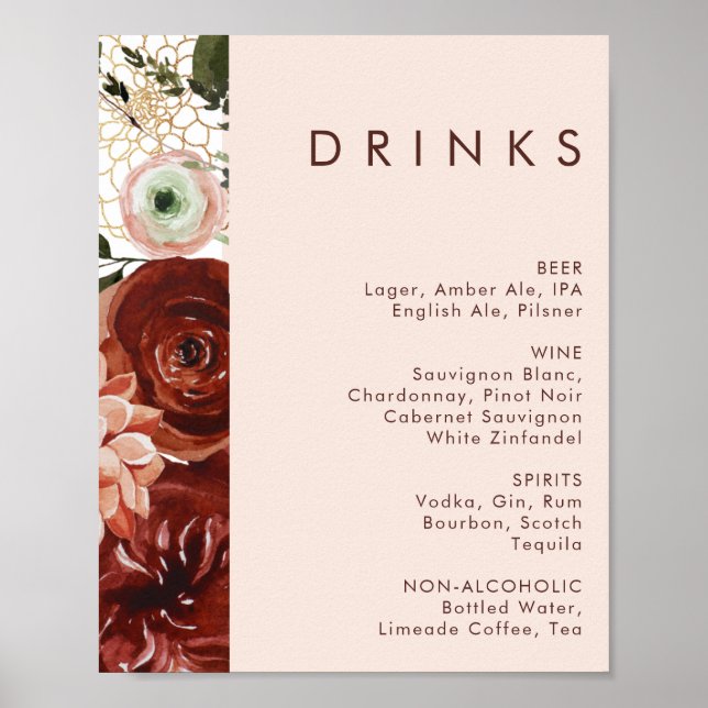Marsala Autumn Floral | Menü "Blush Wedding Drinks Poster (Vorne)
