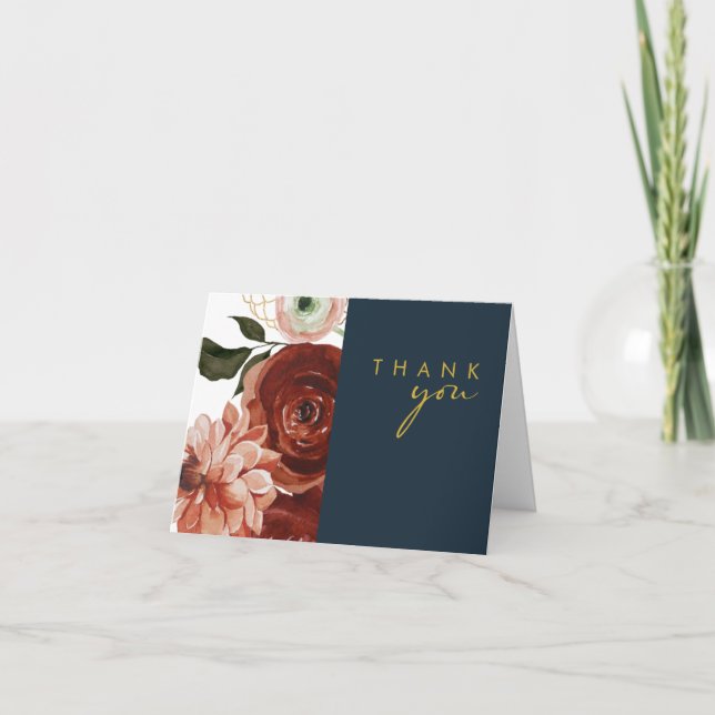 Marsala Autumn Floral | Navy Dankeschön Karte (Vorderseite)