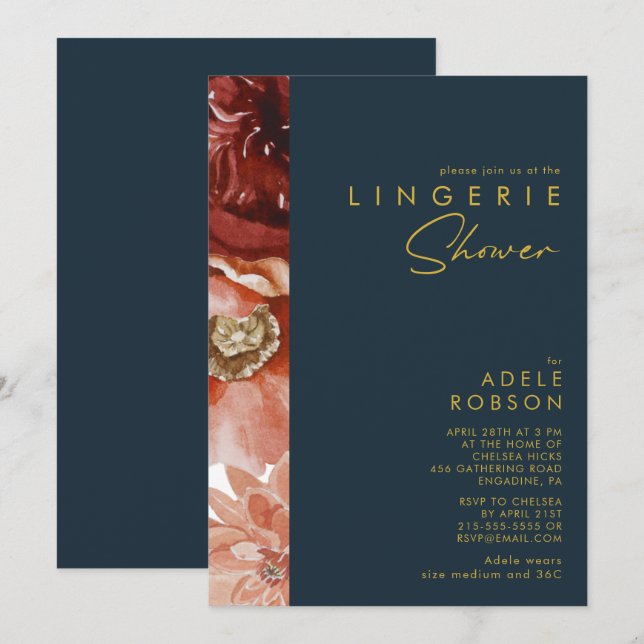 Marsala Autumn Floral | Navy Lingerie Dusche Einladung (Vorne/Hinten)