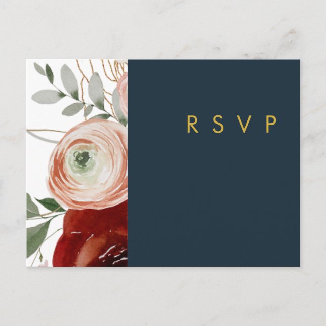 Marsala Autumn Floral | Navy Wedding RSVP Postcard Postkarte (Vorderseite)