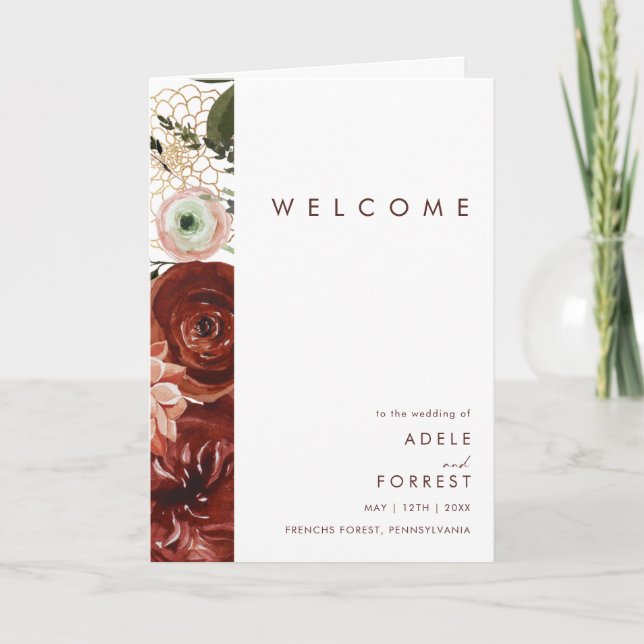 Marsala Autumn Floral | Weiße geklappte Hochzeit Programm (Vorderseite)