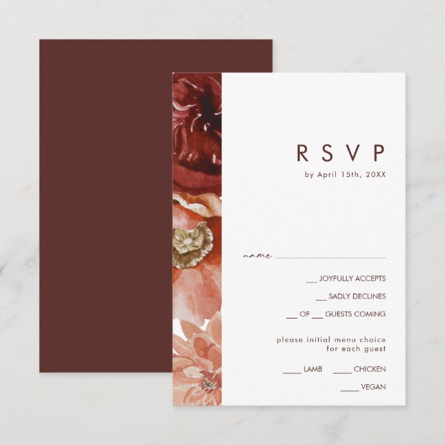 Marsala Autumn Floral White Menü RSVP Card (Vorne/Hinten)