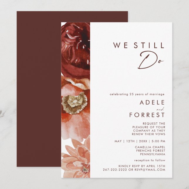 Marsala Autumn Floral | White we Do Renewal Einladung (Vorne/Hinten)