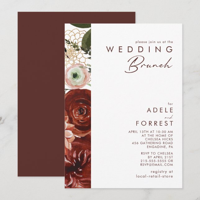 Marsala Autumn Floral | White Wedding Brunch Einladung (Vorne/Hinten)