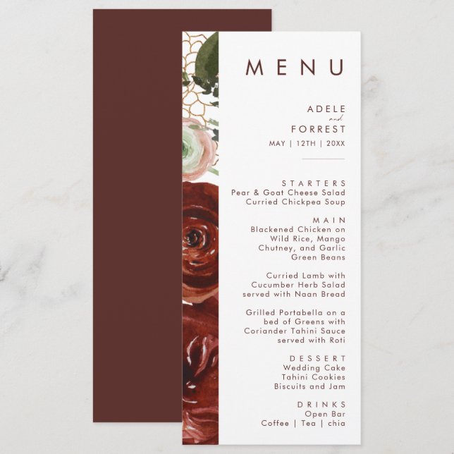 Marsala Autumn Floral | White Wedding Dinner Menu Menükarte (Vorne/Hinten)