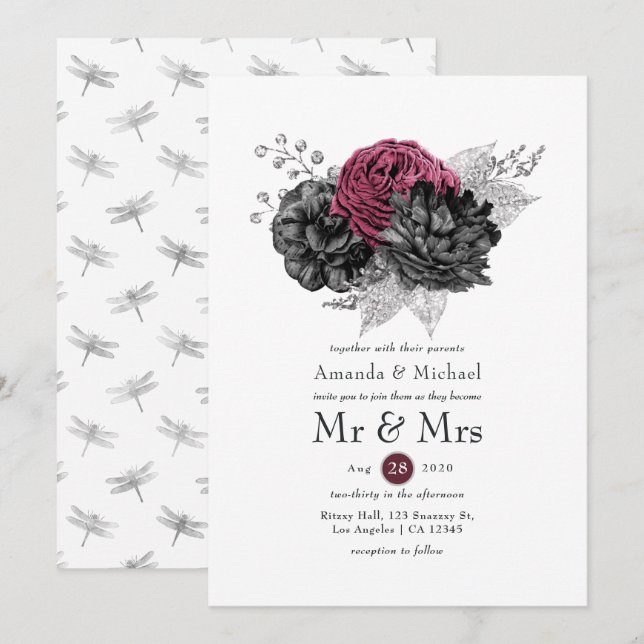 Marsala, Black and Silver Floral Wedding Einladung (Vorne/Hinten)