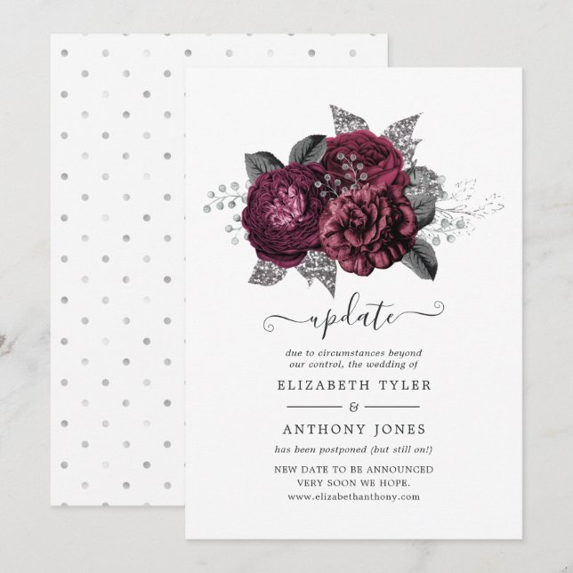 Marsala, Black and Silver Floral Wedding Update Einladung (Vorne/Hinten)