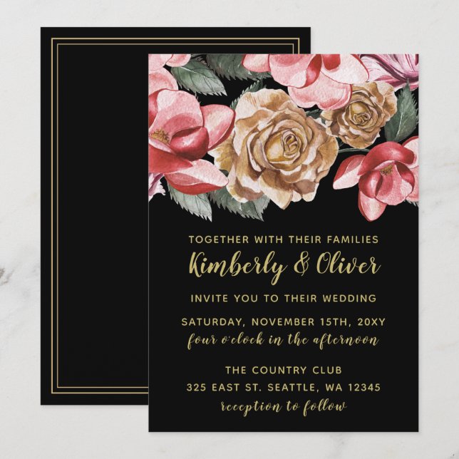 Marsala Black Floral Wedding Einladung (Vorne/Hinten)