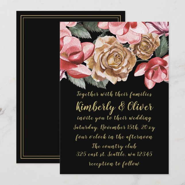 Marsala Black Floral Wedding Einladung (Vorne/Hinten)