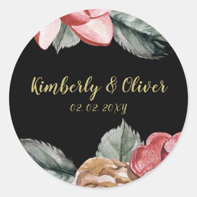 Marsala Black Floral Wedding Einladung Runder Aufkleber (Vorderseite)