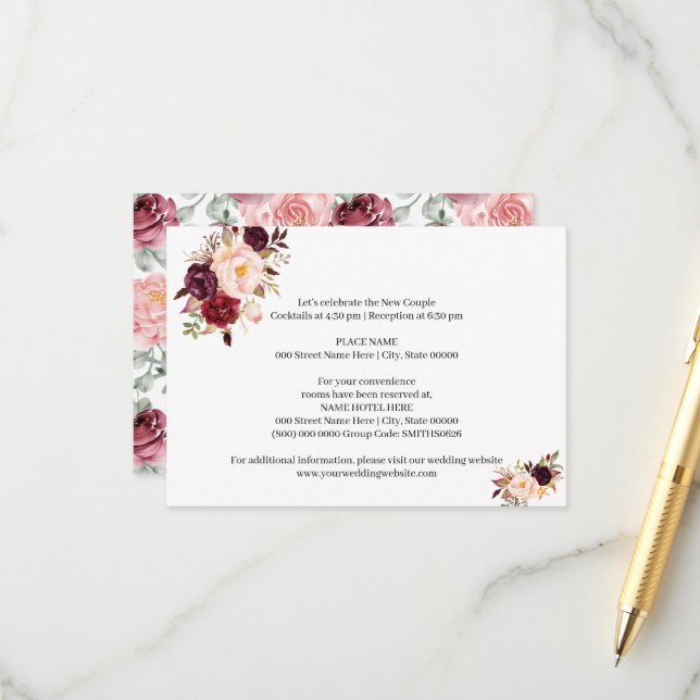 Marsala Blume Brautparty Hochzeiten Details Begleitkarte (Vorderseite/Rückseite Beispiel)