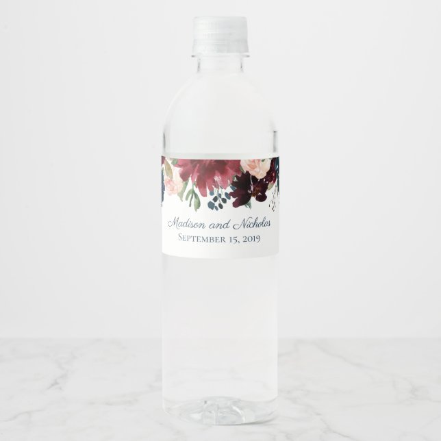 Marsala Blume Hochzeit Wasserflaschen Labels (Vorderseite)