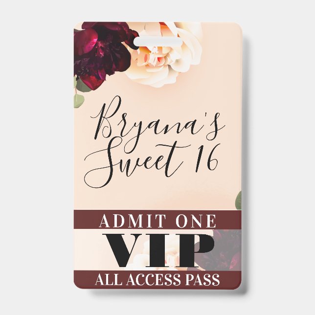 Marsala Blume & String Lights Sweet 16 VIP Pass Ausweis (Vorderseite)