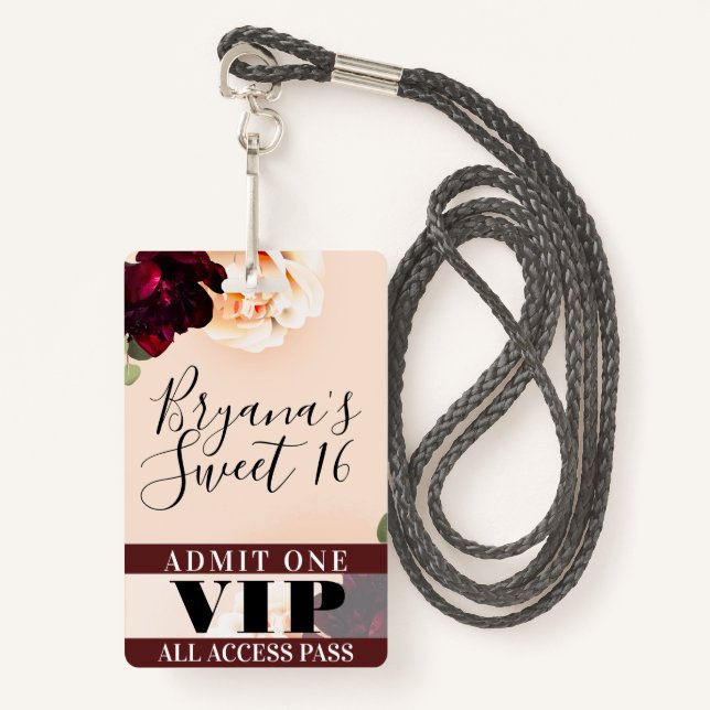Marsala Blume & String Lights Sweet 16 VIP Pass Ausweis (Vorderseite mit Schlüsselband)