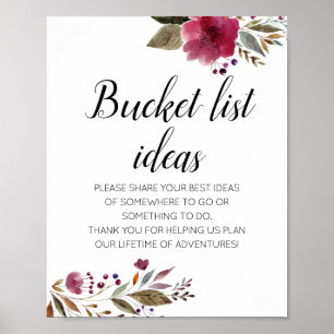 Marsala Blumen Bucket List Ideen Hochzeitsschild Poster