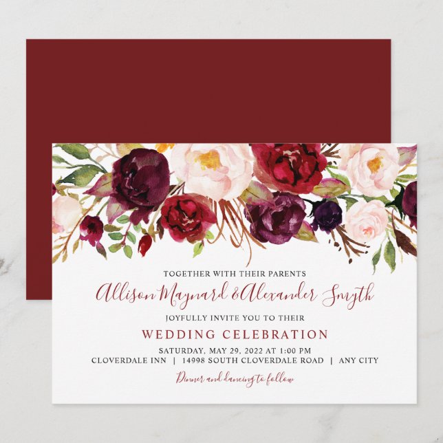 Marsala Blush Bloms Aquarellfarben Hochzeit Einladung (Vorne/Hinten)