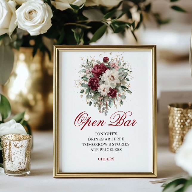 Marsala Blush Burgundy Open Bar 8x10 Schild (Marsala Blush Burgundy Open Bar 8x10 Sign)