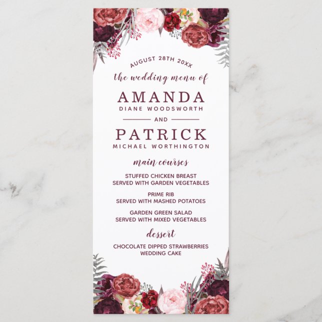 Marsala Blush Burgundy Peony Mariage Cartes de men (Devant)