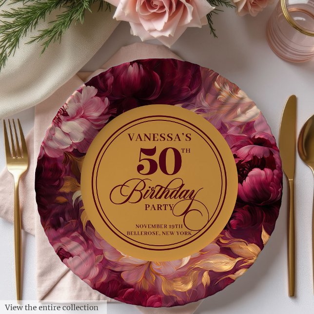 Marsala blush Goldblütenfrau 50. Geburtstag Pappteller (Marsala blush gold floral woman 50th birthday Paper Plates)