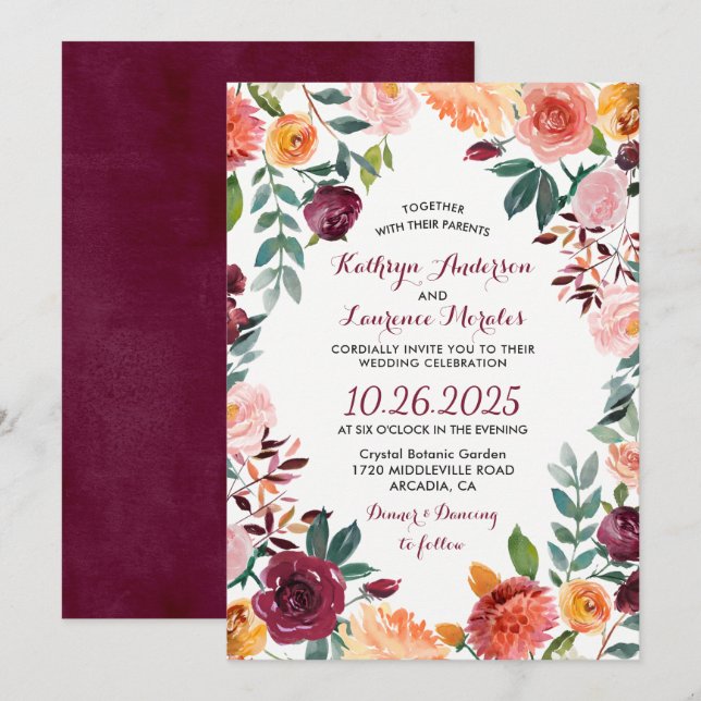 Marsala Blush Pink Botanische Blume Wreath Wedding Einladung (Vorne/Hinten)