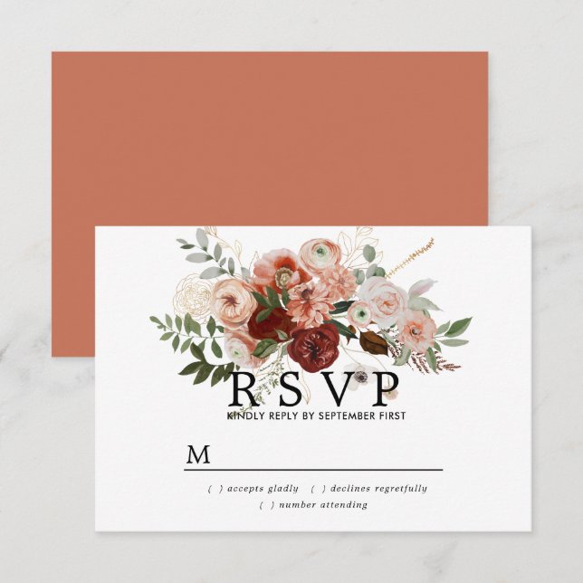 Marsala Blush Terracotta Floral Wedding RSVP Card (Vorne/Hinten)