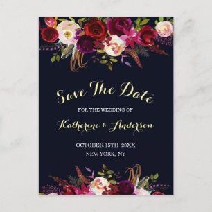 Marsala Boho Bloral Hochzeit speichern Datum Ankündigungspostkarte