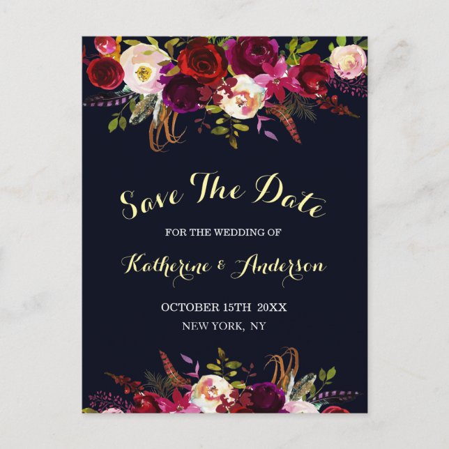 Marsala Boho Bloral Hochzeit speichern Datum Ankündigungspostkarte (Vorderseite)