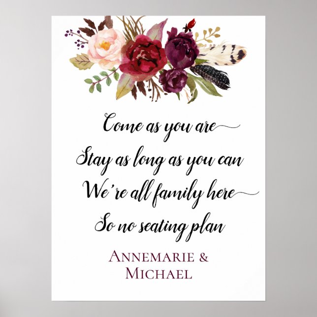 Marsala Boho Floral No Seetang Plan Hochzeit Zeich Poster (Vorne)
