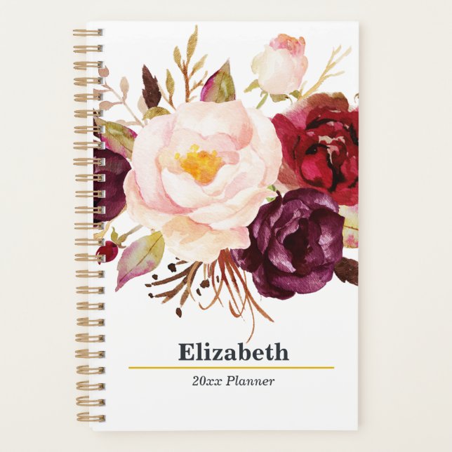 Marsala Boho Gold Bouquet Jährlich monatlich Planer (Vorderseite)