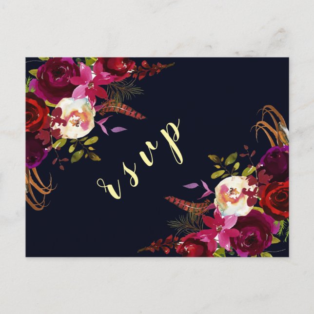 Marsala Boho Herbsthochzeit RSVP Einladungspostkarte (Vorderseite)
