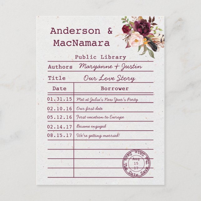 Marsala Boho Library Card Save the Date Ankündigungspostkarte (Vorderseite)