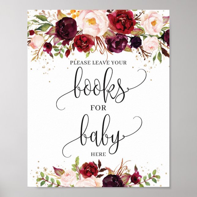 Marsala bordeaux livres d'or floral pour bébé sign (Devant)