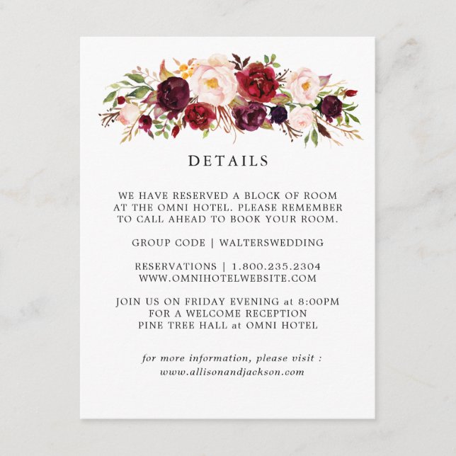 Marsala Bourgogne Floral Mariage Détails Cartes (Devant)