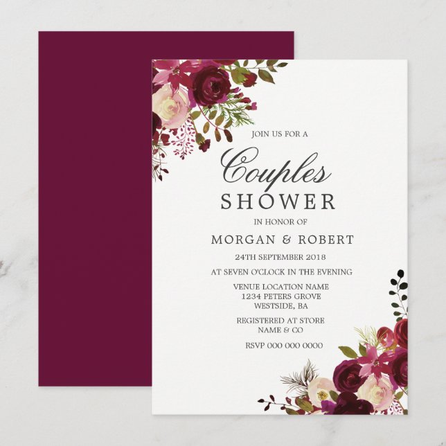 Marsala Bourgogne Rouge Floral Couples Invitation  (Devant / Derrière)