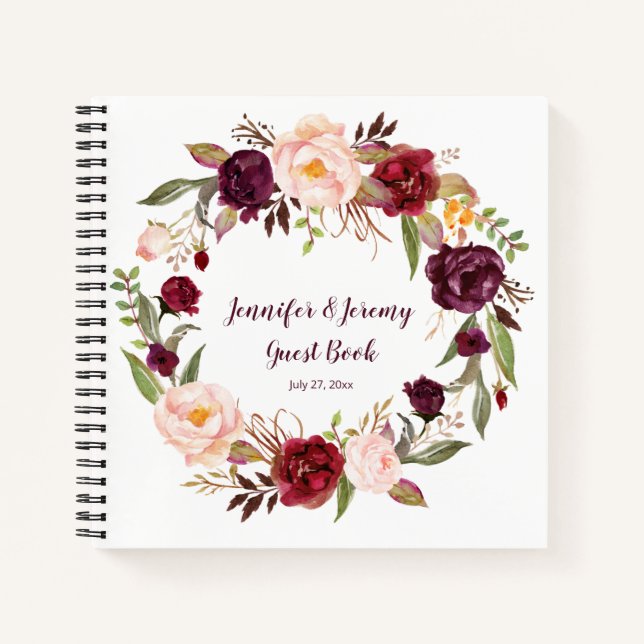 Marsala Burgund Pink Floral Wreath Guest Book Notizbuch (Vorderseite)