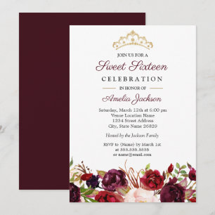 Marsala Burgund Rot Floral Süße 16 Einladung