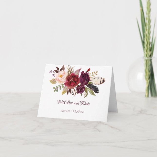 Marsala, Burgund, Rot, Weiße Rosen Boho Vielen Dan Dankeskarte (Vorderseite)