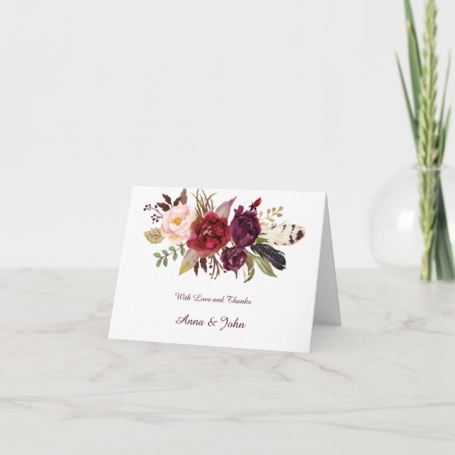 Marsala, Burgund, Rot, Weiße Rosen Boho Vielen Dan Dankeskarte (Vorderseite)