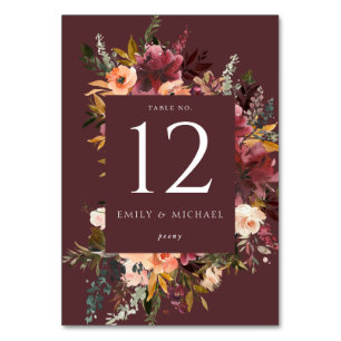 Marsala Burgund Weinrote Pfirsich Aquarell Floral Tischnummer